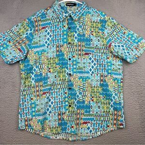 VatPave Shirt Mens Large Blue Colorful Hawaiian‎ Viscose Blend Geometric Beach